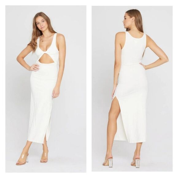 L Space Nico Ribbed Fabric Twisted Front Stretchy Midi Dress With Side Split - Picture 1 of 6